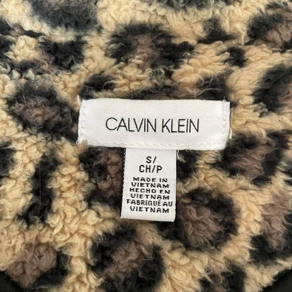 CALVIN KLEIN Sherpa Faux Fur‎ Vest Leopard Print Pockets Full Zip Women's Small - Picture 8 of 9